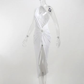 Hollow Out Women Midi Beach Dress White One Shoulder Sleeveless White